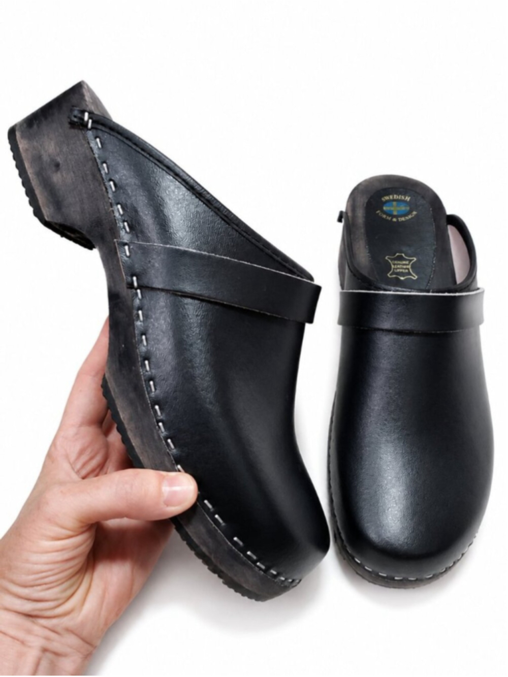 KLAGN Axel Leather Open Back Wooden Clogs Black 42EU Sweden Hand-Made Boho Trad